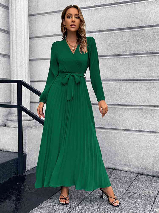 V-Neck Tie Waist Pleated Maxi Dress