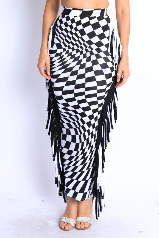 Checkered maxi skirt with fringe detail