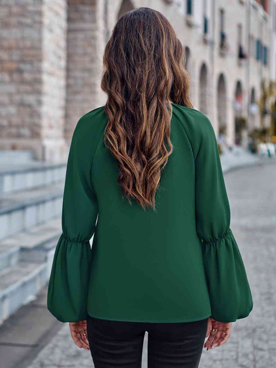 Notched Neck Long Sleeve Top