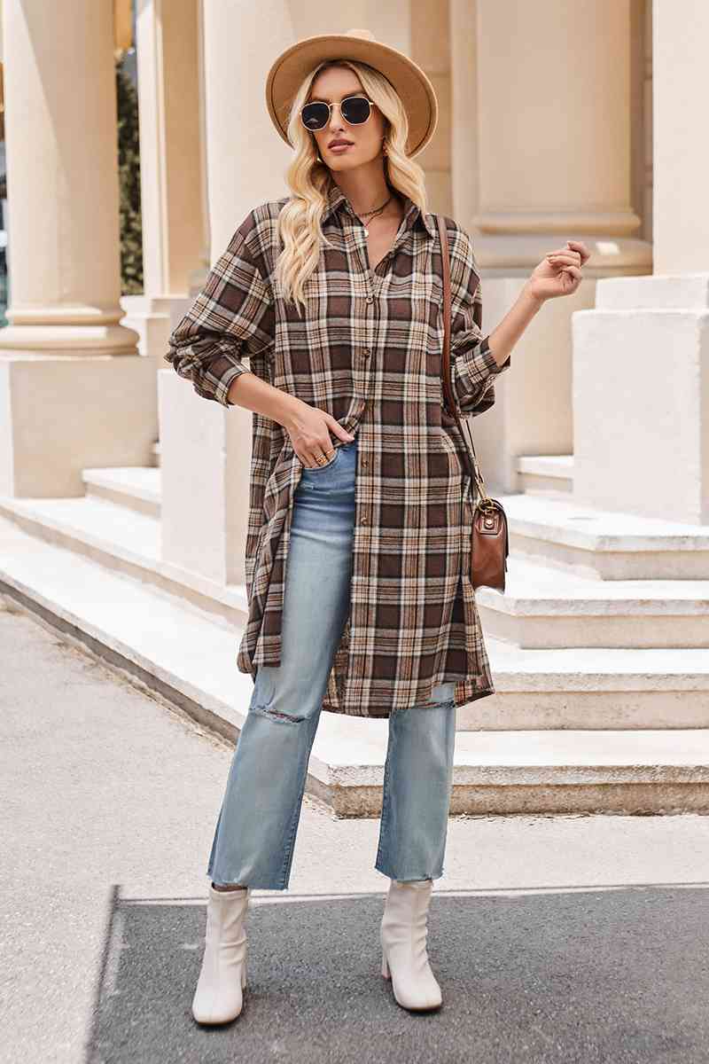 Plaid Collared Neck Long Sleeve Coat