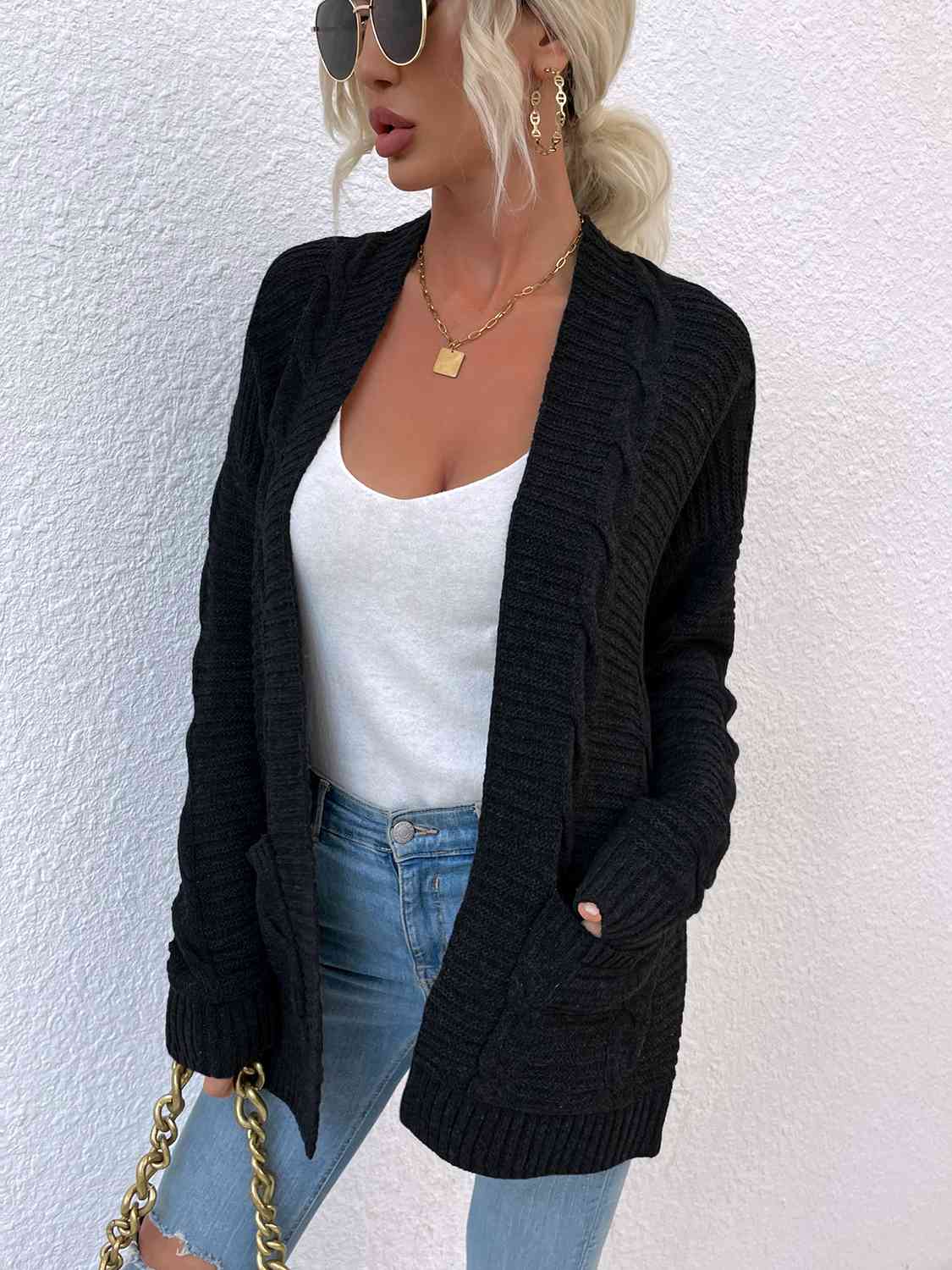 Cable-Knit Open Front Cardigan with Pockets