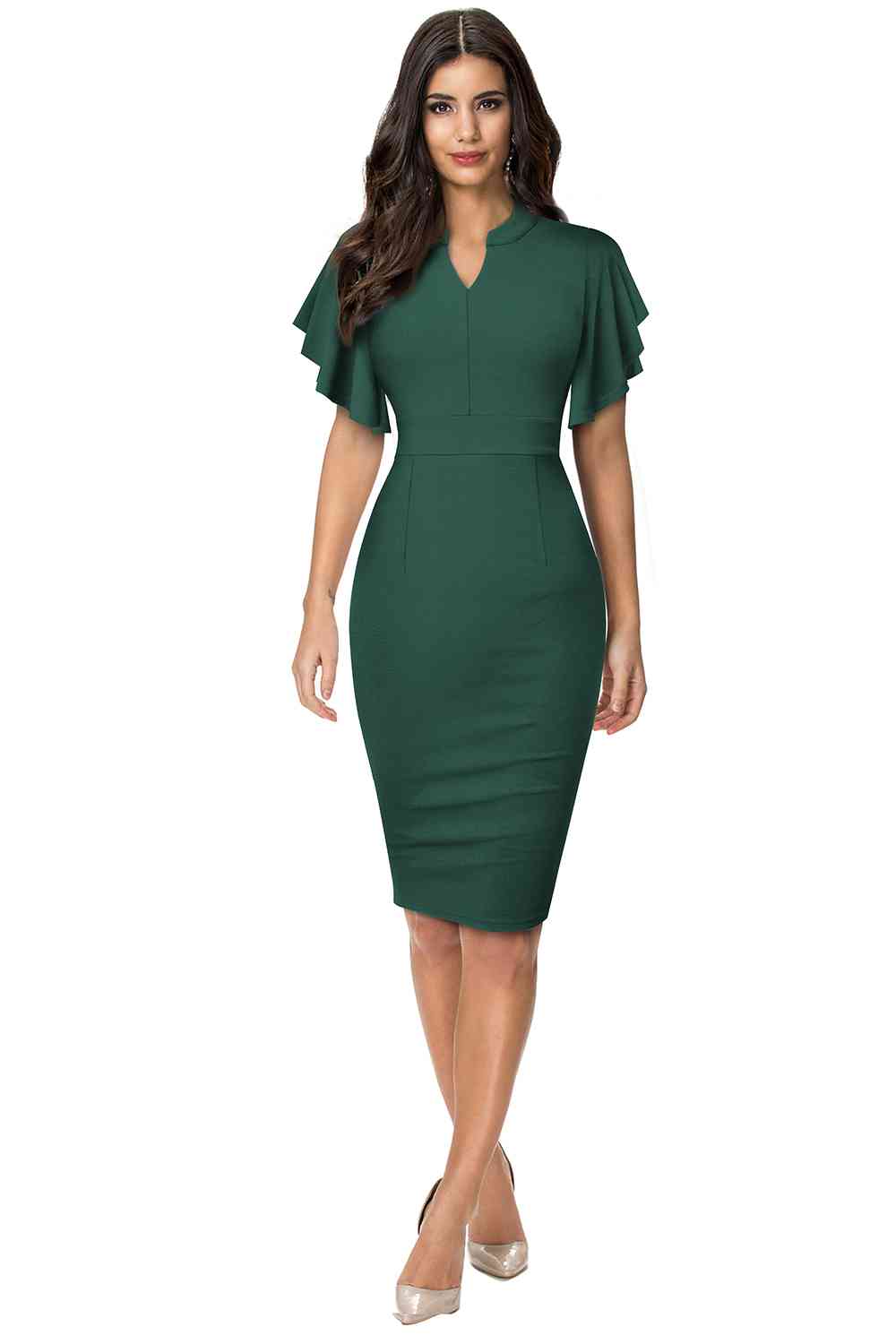 Notched Neck Flutter Sleeve Pencil Dress