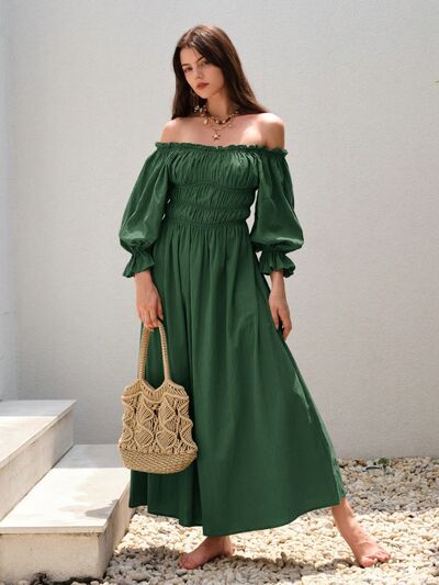 Smocked Off-Shoulder Flounce Sleeve Dress