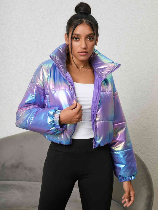 Gradient Zip-Up Collared Puffer Jacket