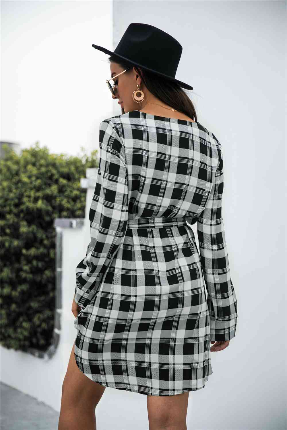 Plaid V-Neck Tie Waist Dress