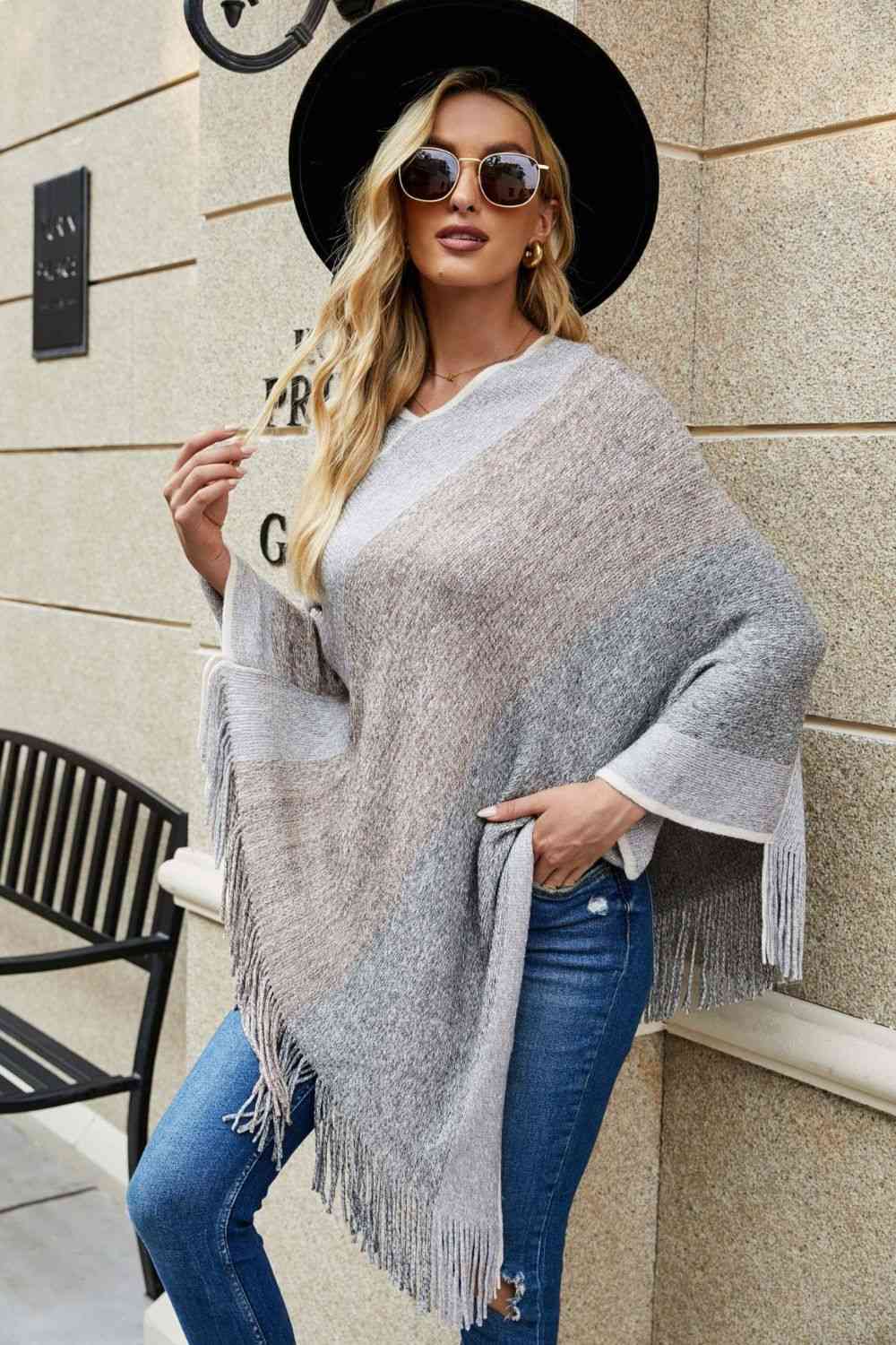 Color Block Fringe Hem Poncho