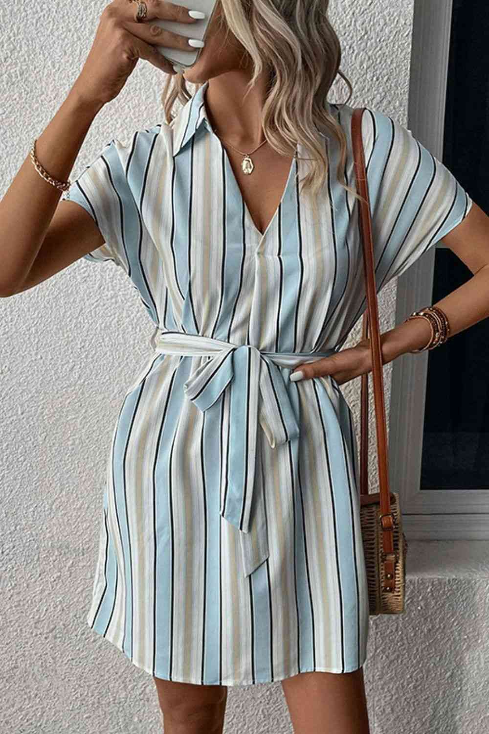 Striped Johnny Collar Tie-Waist Dress