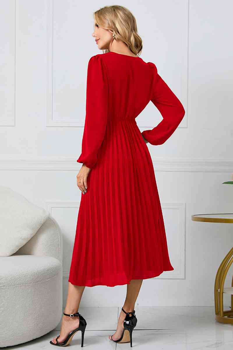 V-Neck Long Sleeve Tie Waist Midi Dress