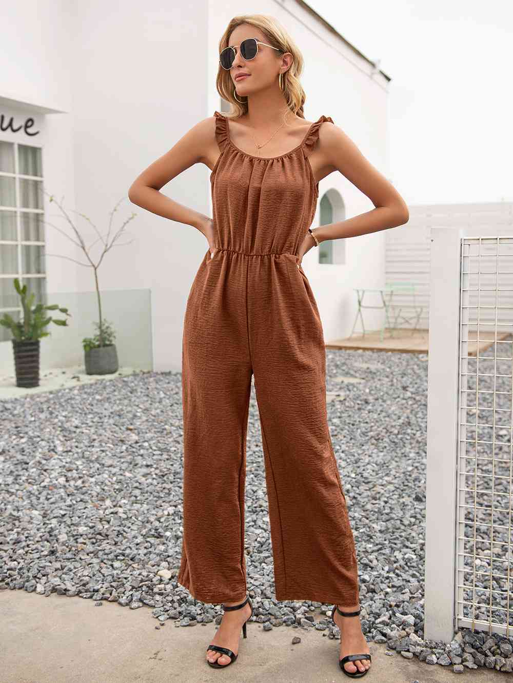 Round Neck Sleeveless Jumpsuit with Pockets