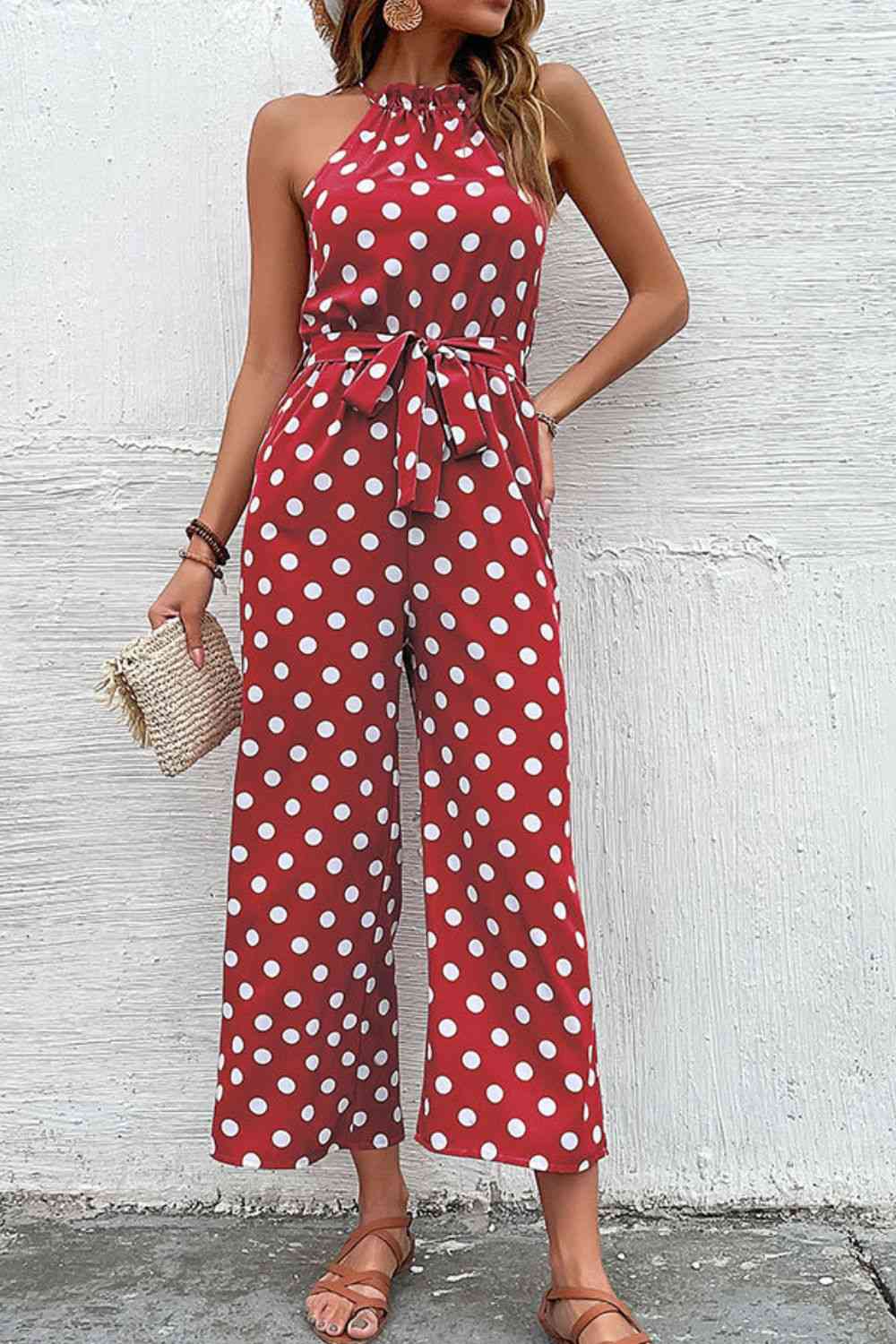 Polka Dot Grecian Wide Leg Jumpsuit