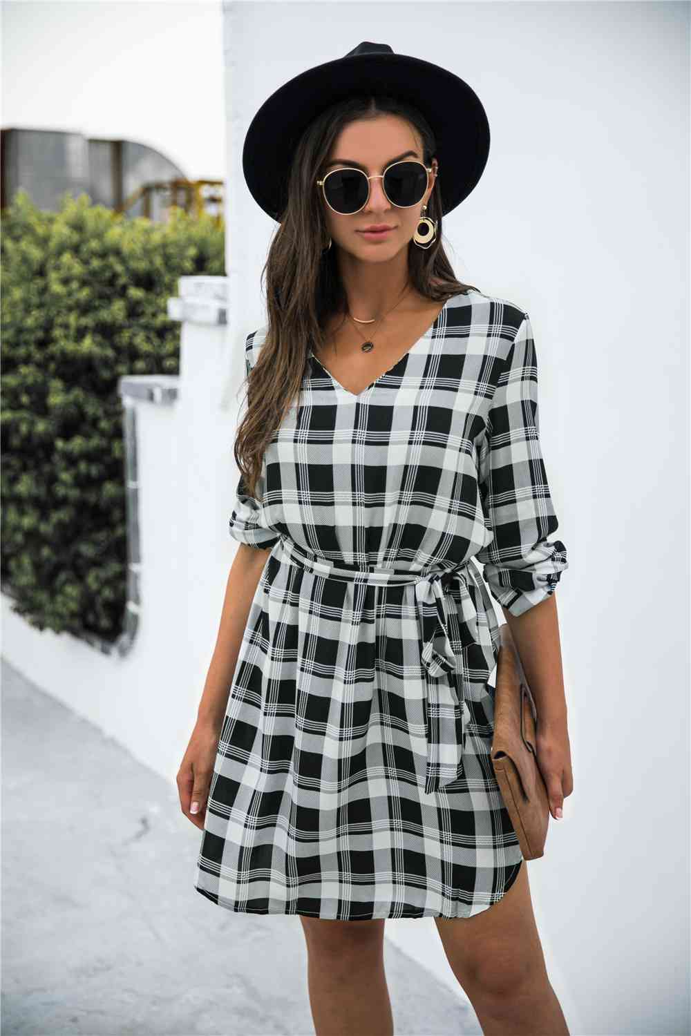 Plaid V-Neck Tie Waist Dress