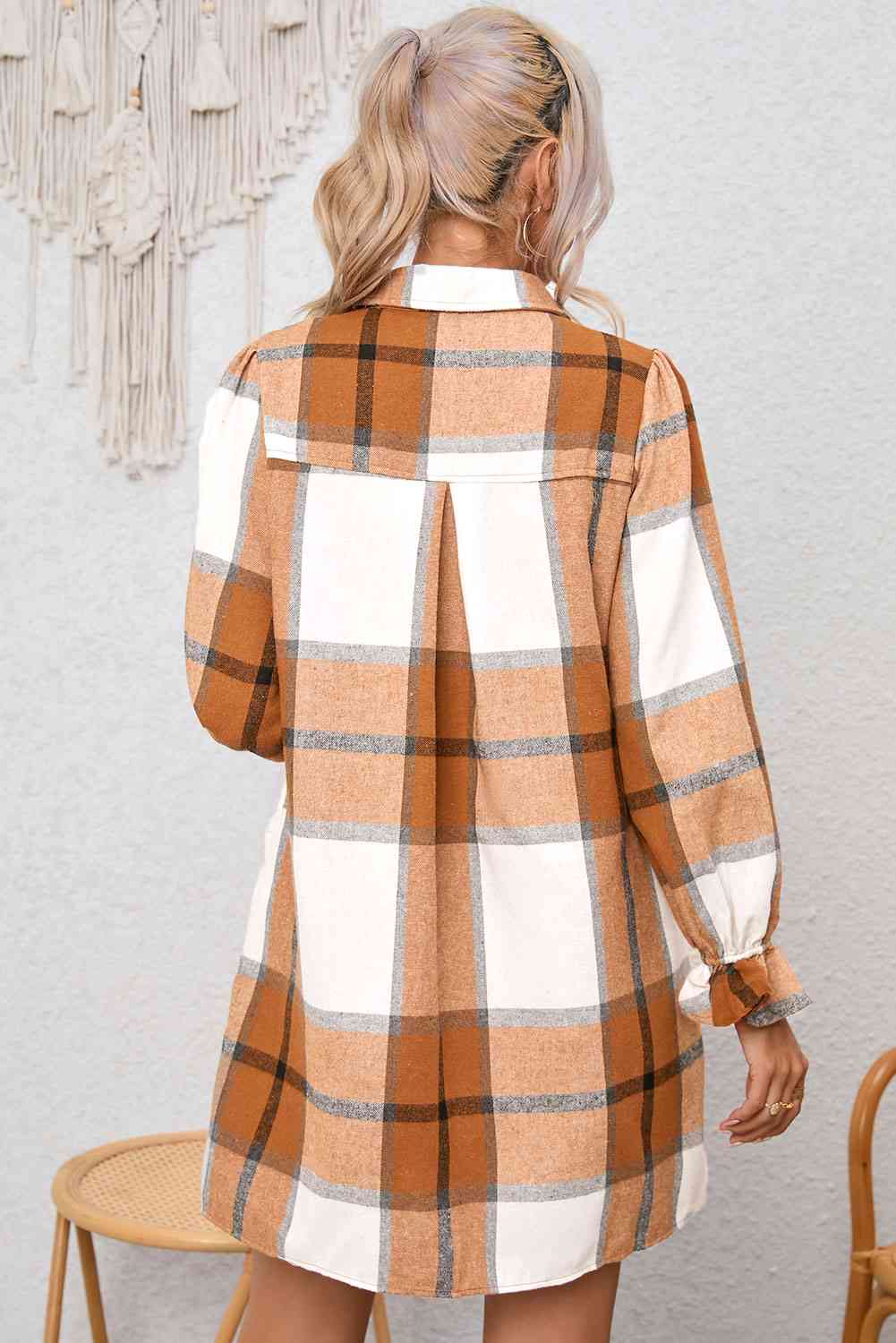 Plaid Collared Neck Flounce Sleeve Shirt Dress