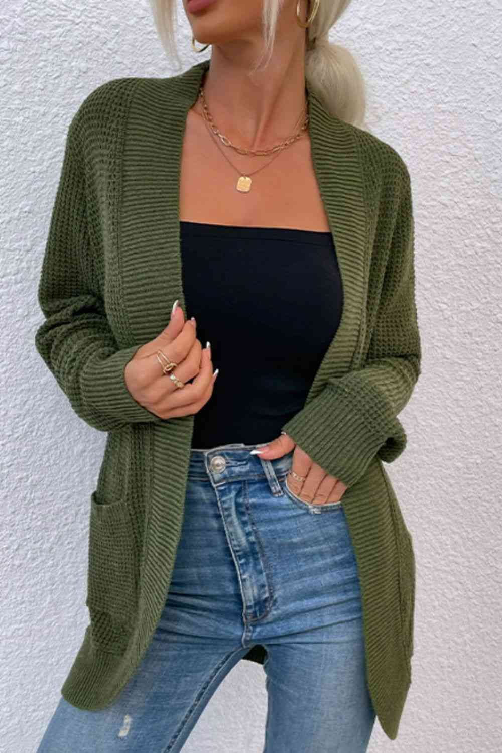 Open Front Rib-Knit Cardigan with Pockets