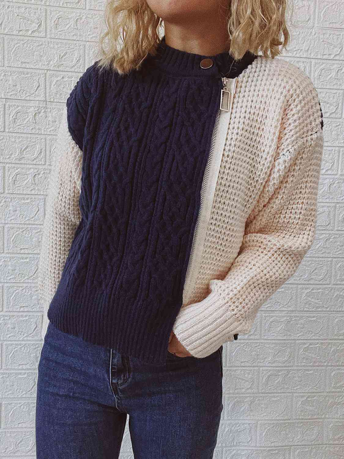 Cable-Knit Contrast Zip-Up Cardigan