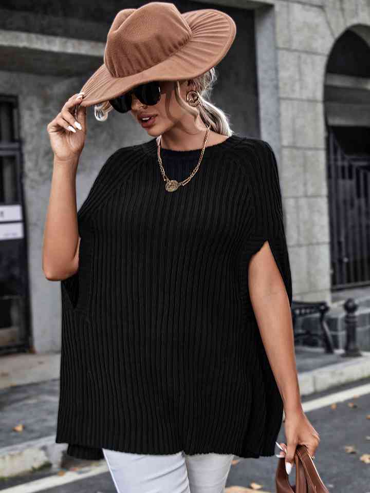 Ribbed Round Neck Slit Sleeve Knit Top