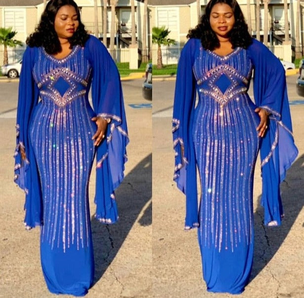 African Dresses Dashiki Diamond Ruffle Sleeve Robe Evening Long Dress