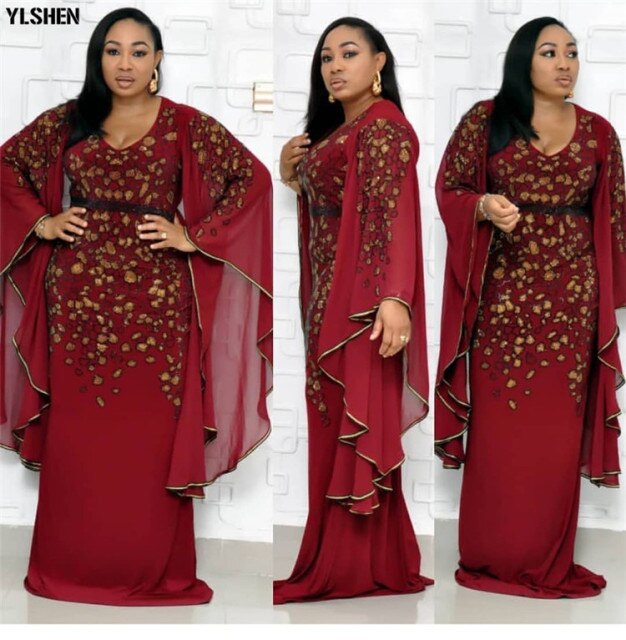 African Dresses Dashiki Diamond Ruffle Sleeve Robe Evening Long Dress