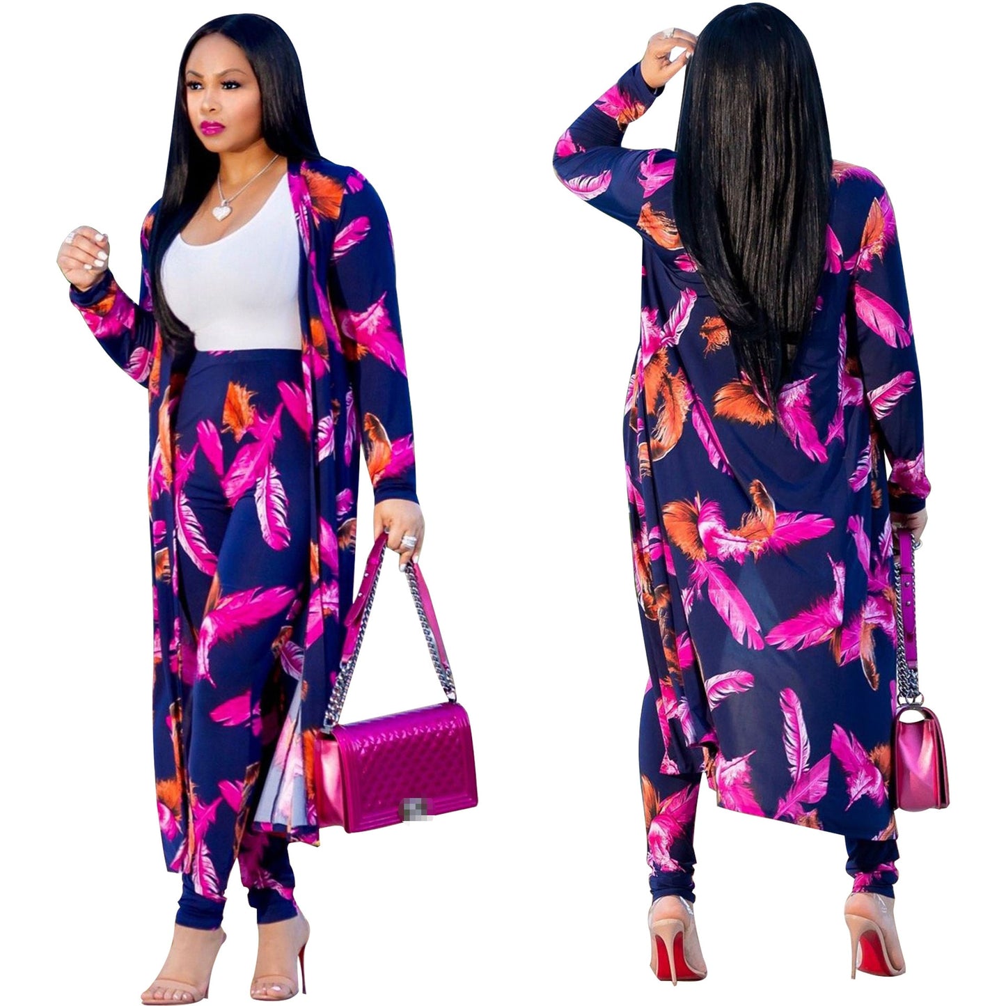 Women print long sleeve cardigan pants set