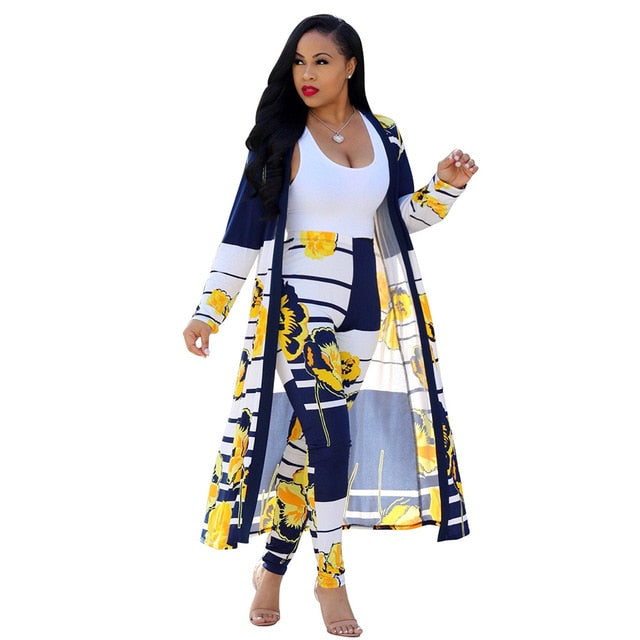 Women print long sleeve cardigan pants set