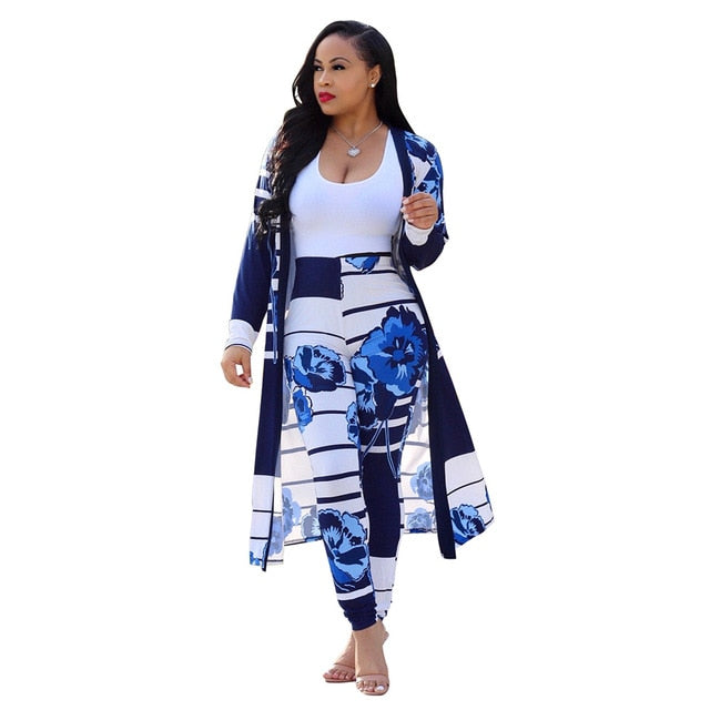 Women print long sleeve cardigan pants set