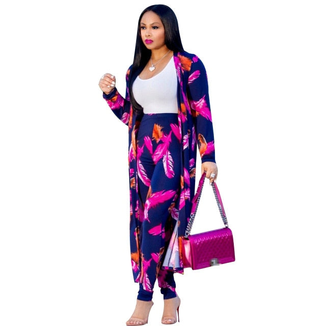 Women print long sleeve cardigan pants set