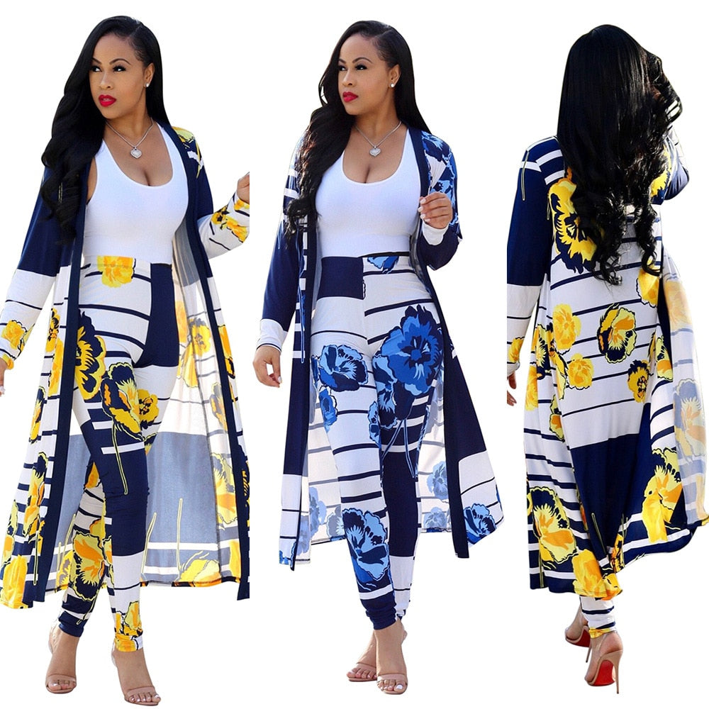 Women print long sleeve cardigan pants set