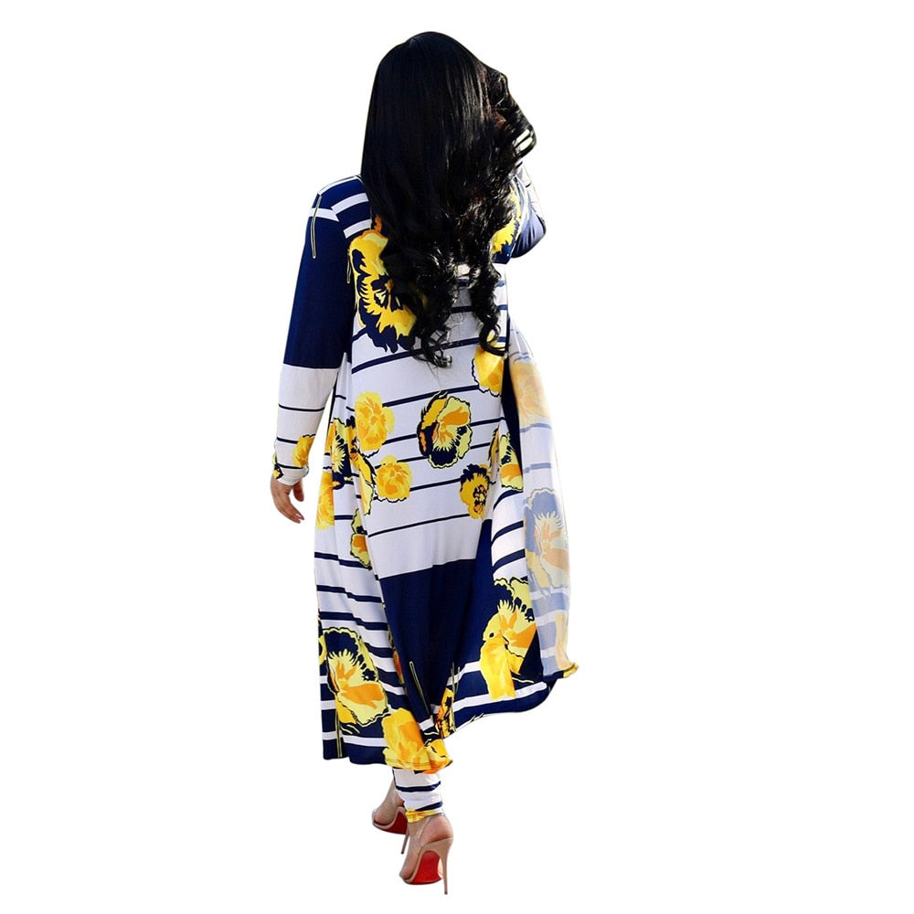 Women print long sleeve cardigan pants set