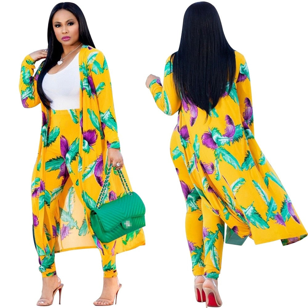 Women print long sleeve cardigan pants set