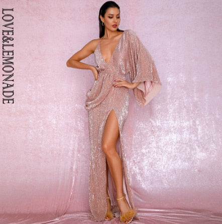 LOVE&LEMONADE Sexy Rose Gold V-Neck Single Sleeve Sequins Split Party Maxi Dress LM81848