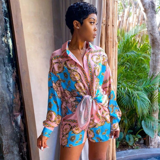Two Piece African Print Shorts and Long Sleeve Famous Suit