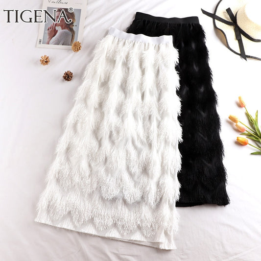 TIGENA Tassel Maxi Skirt Women Fashion 2020 Korean Casual Fringe High Waist Straight Long Skirt Female Ladies Black White