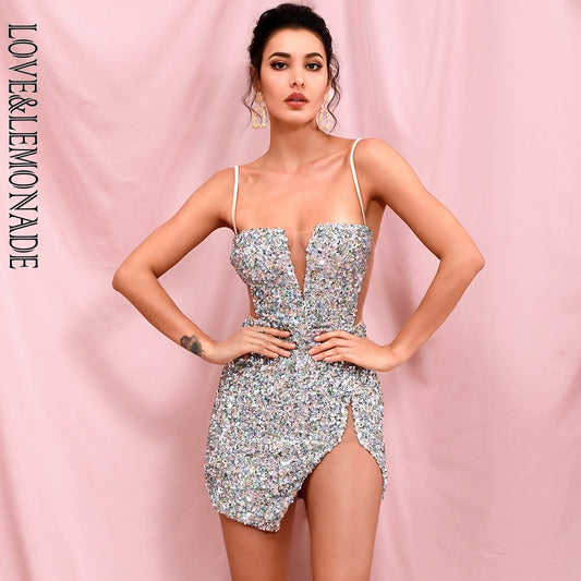 LOVE & LEMONADE Sexy Tube Top Silver Cut Out Stretch Sequin Bodycon Party Mini Dress LM82289