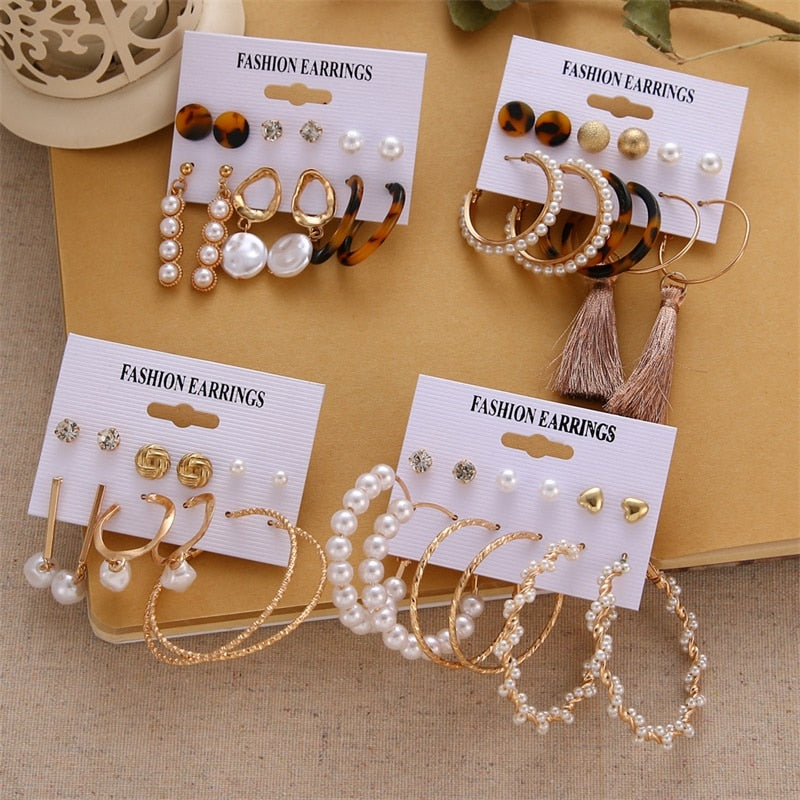 FNIO Women's Earrings Set Pearl Earrings For Women Bohemian Fashion Jewelry 2020 Geometric Crystal Heart Stud Earrings