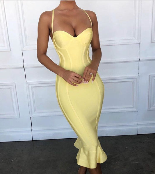 High Quality Pink Yellow Knee Length Rayon Bandage Dress Evening Party Elegant Dress