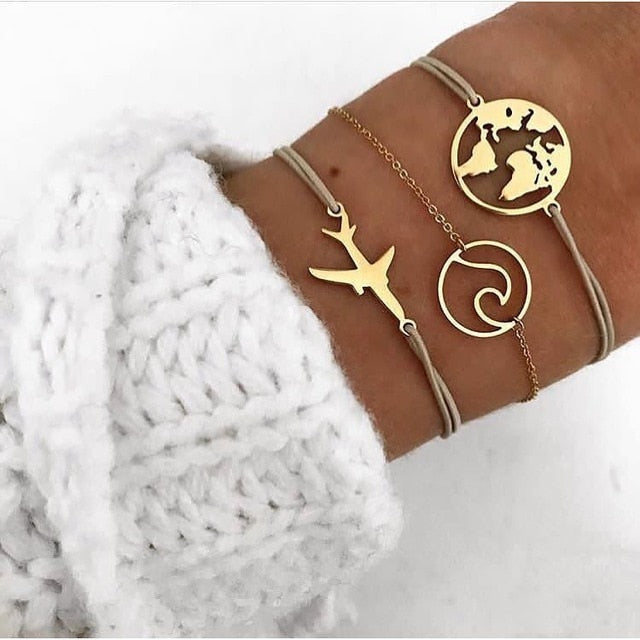 New Bohemian Black Rope Chain Bracelet Set For Women aircraft Shell Moon Heart crystal Charm Bangle Boho Jewelry