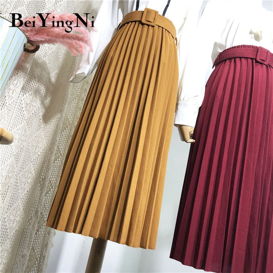 Beiyingni Casual Vintage Solid Belted Pleated Midi Skirts