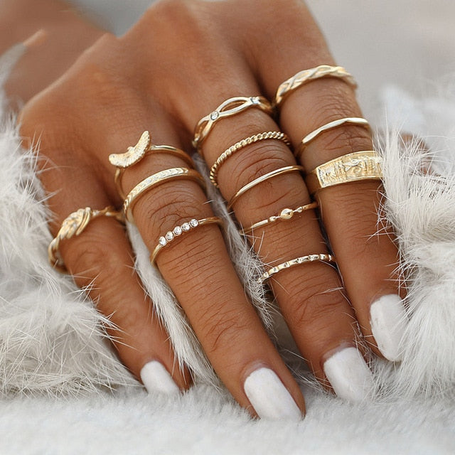 KSRA Boho Vintage Gold Star Knuckle Rings For Women BOHO Crystal Star Crescent Geometric Female Finger Rings Set Jewelry 2020