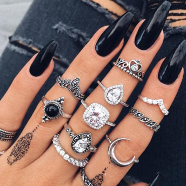 KSRA Boho Vintage Gold Star Knuckle Rings For Women BOHO Crystal Star Crescent Geometric Female Finger Rings Set Jewelry 2020