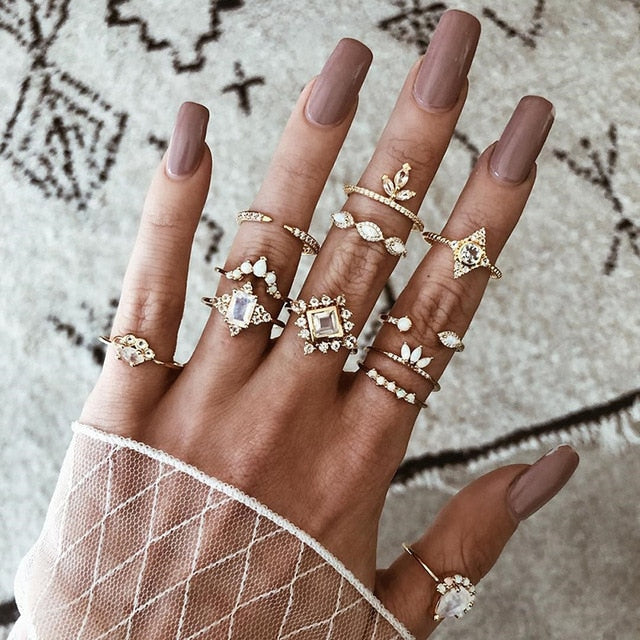 KSRA Boho Vintage Gold Star Knuckle Rings For Women BOHO Crystal Star Crescent Geometric Female Finger Rings Set Jewelry 2020