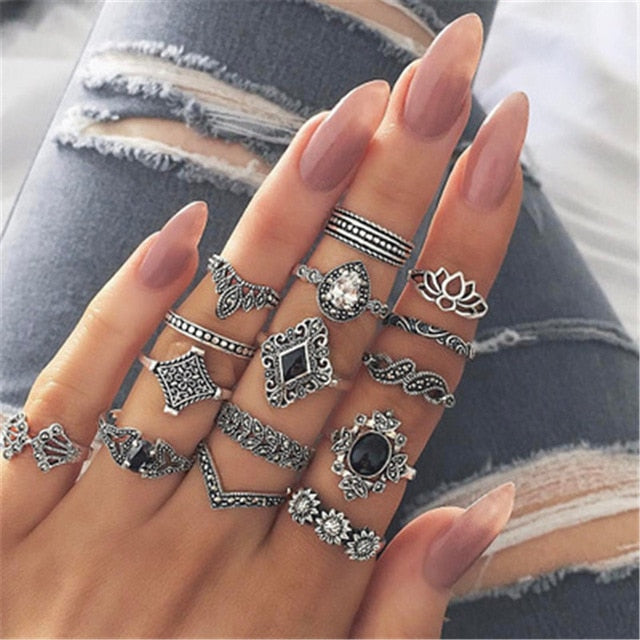 KSRA Boho Vintage Gold Star Knuckle Rings For Women BOHO Crystal Star Crescent Geometric Female Finger Rings Set Jewelry 2020