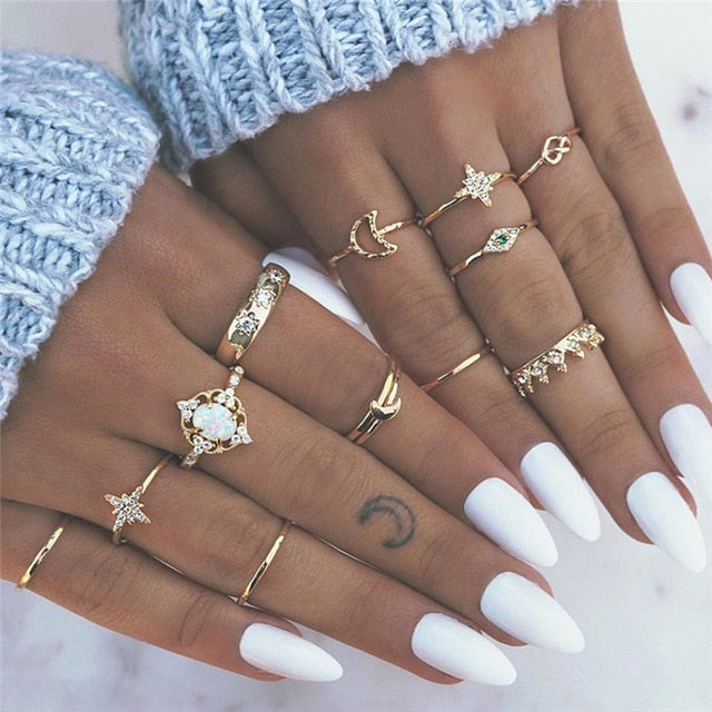 KSRA Boho Vintage Gold Star Knuckle Rings For Women BOHO Crystal Star Crescent Geometric Female Finger Rings Set Jewelry 2020