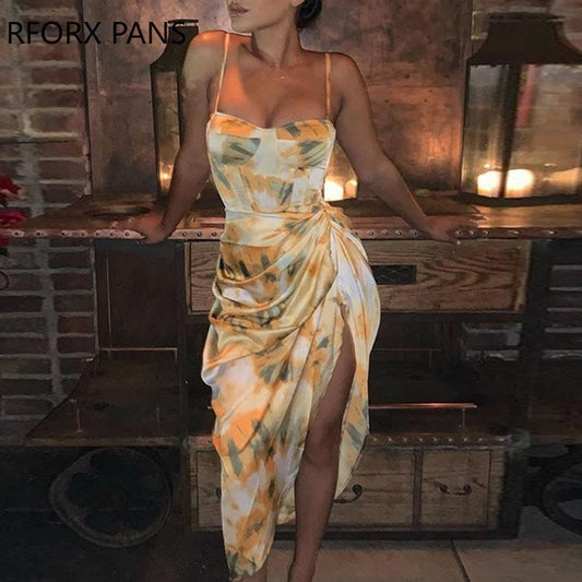 RFORX PANS - Abstract Print Spaghetti Strap High Slit Ruched Dress