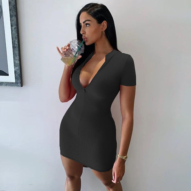 Deep V-neck Solid Stretch Bodycon Dress