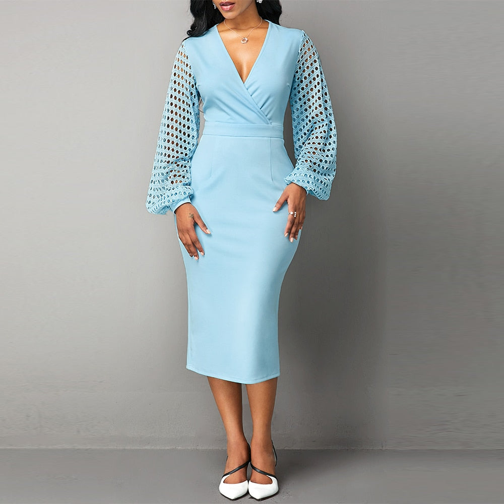 Women Vintage Hollow Out Sleeve Office Dresses