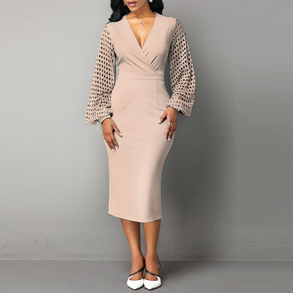 Women Vintage Hollow Out Sleeve Office Dresses