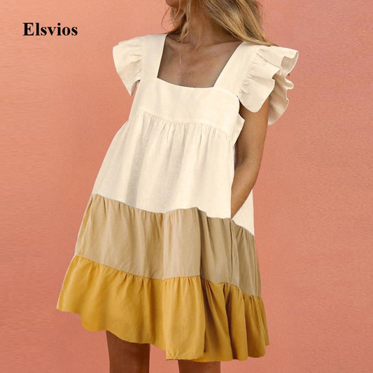 Elegant Butterfly Sleeve Ruffle Mini Dress Casual Square Collar Print Party Dress Women Summer Loose Pocket Beach Dress Vestidos