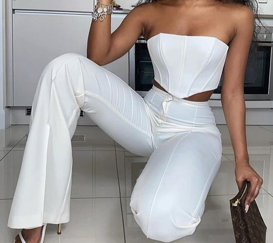 Strapless Corset Crop Top and Flare Pants Sets