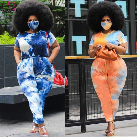 Plus Size L 4XL 5XL Tie Dye Jumpsuit Women Boho Rompers One Piece Playsuit Vintage Pants Club Outfits Body Mujer Overalls 2020