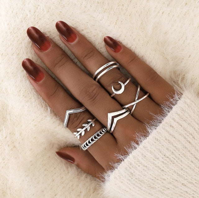 KSRA Boho Vintage Gold Star Knuckle Rings For Women BOHO Crystal Star Crescent Geometric Female Finger Rings Set Jewelry 2020