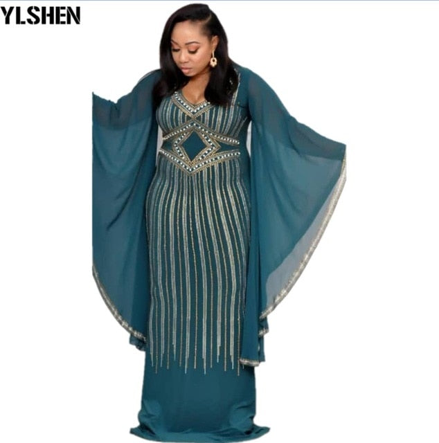 African Dresses Dashiki Diamond Ruffle Sleeve Robe Evening Long Dress